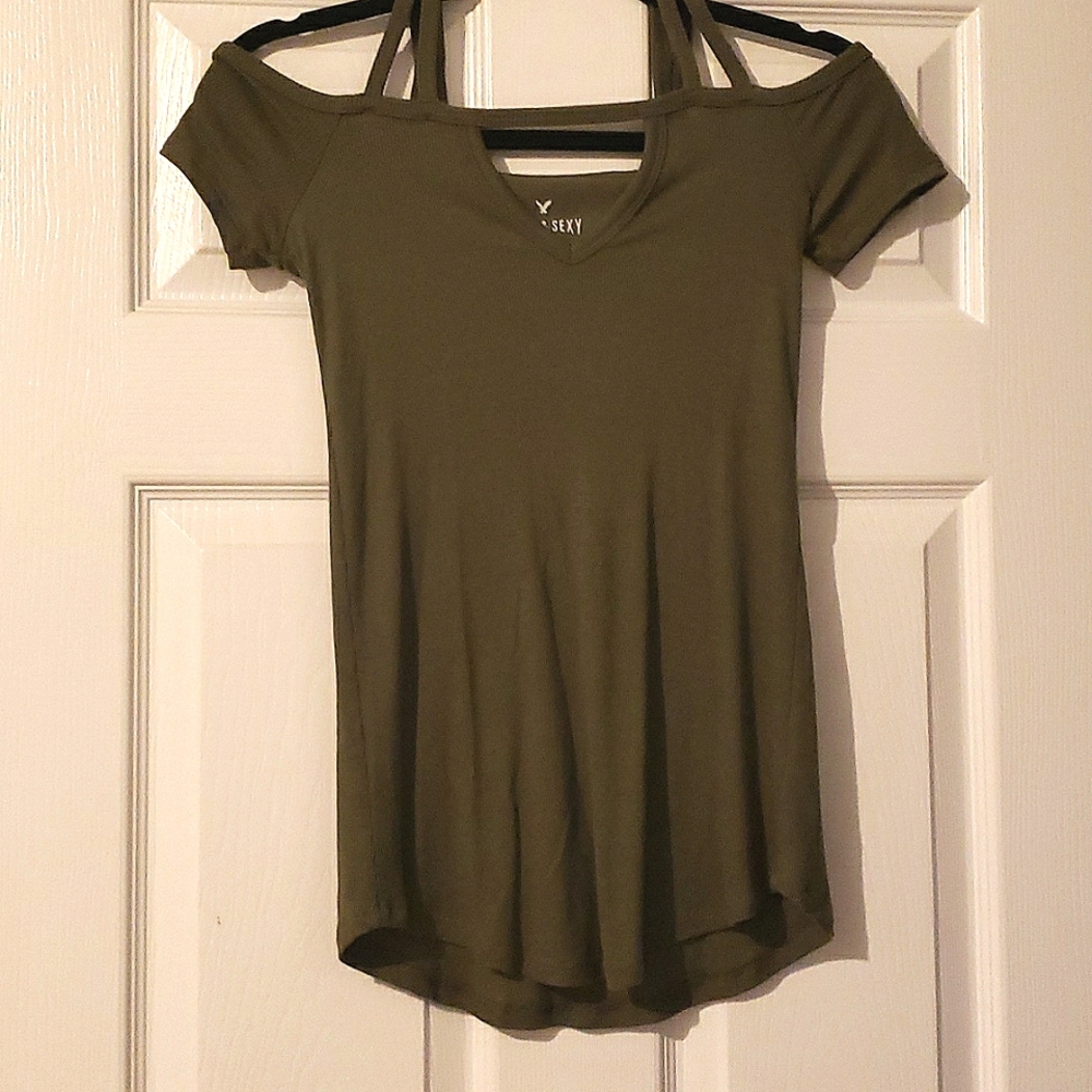 American Eagle olive green tank, XS, "soft & sexy rib", cold shoulder
